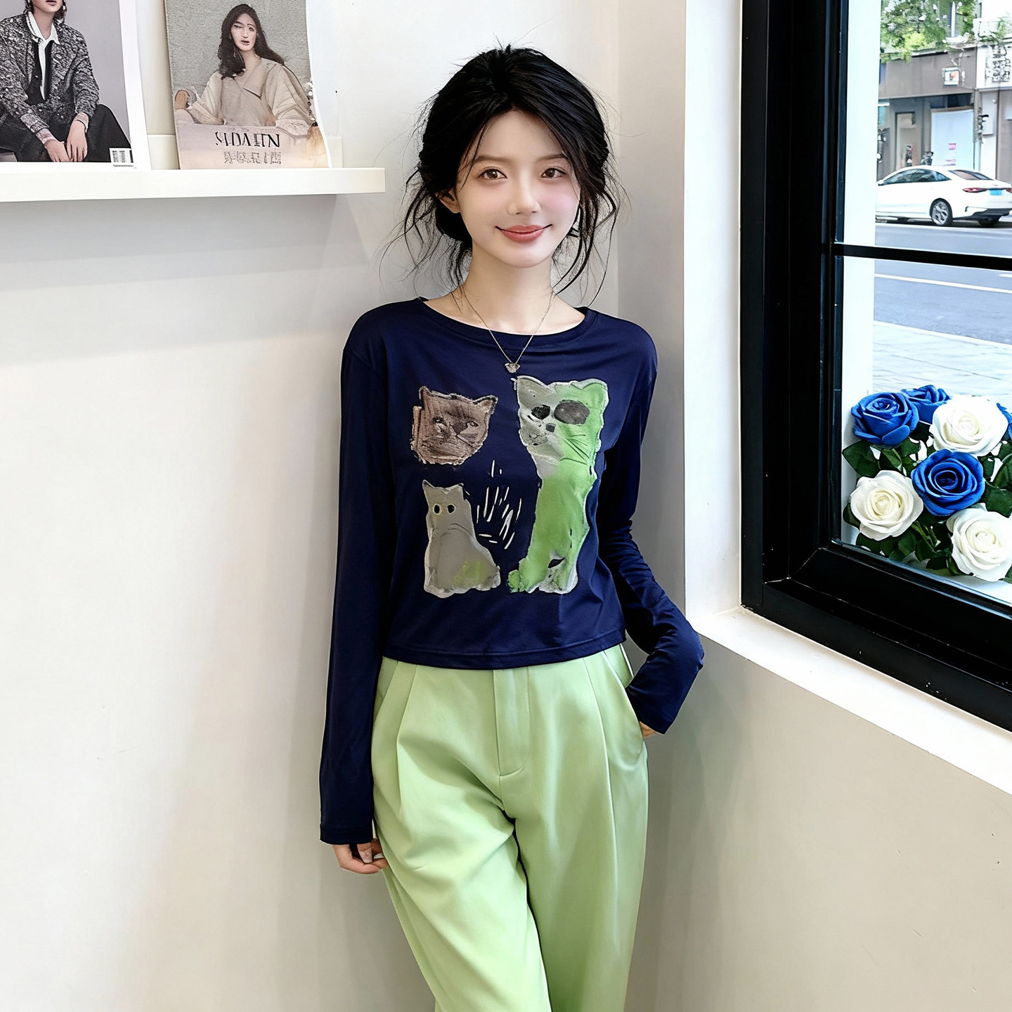 卡通猫咪印花长袖T恤女白色百搭休闲正肩内搭显瘦遮肉气质上衣女,淘宝优惠券,粉丝福利购,淘宝优惠卷