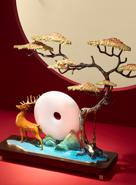 大气迎客松黄铜鹿摆件办公室工艺