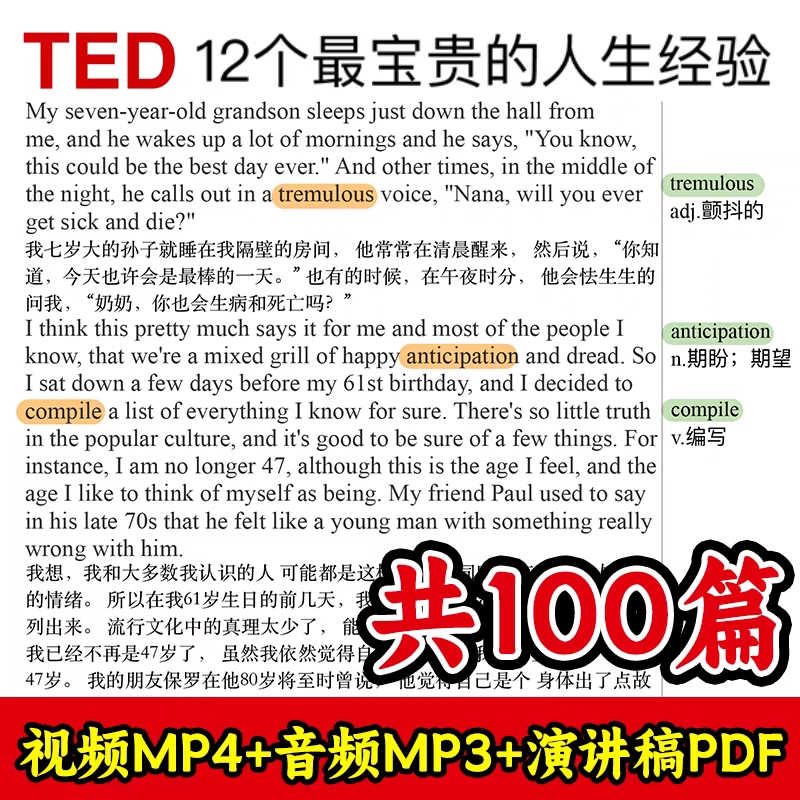 TED演讲文字稿电子版注释视频高清音频考研学英语资料外刊pdf精选-图1