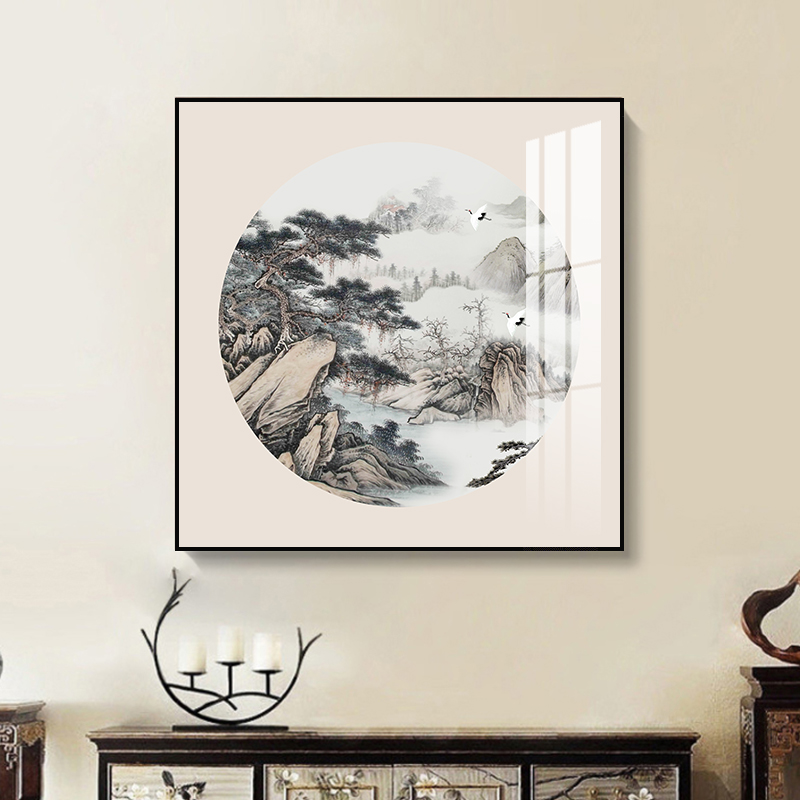 新中式玄关装饰画风景山水画走廊过道壁画客厅方形餐厅办公室挂画