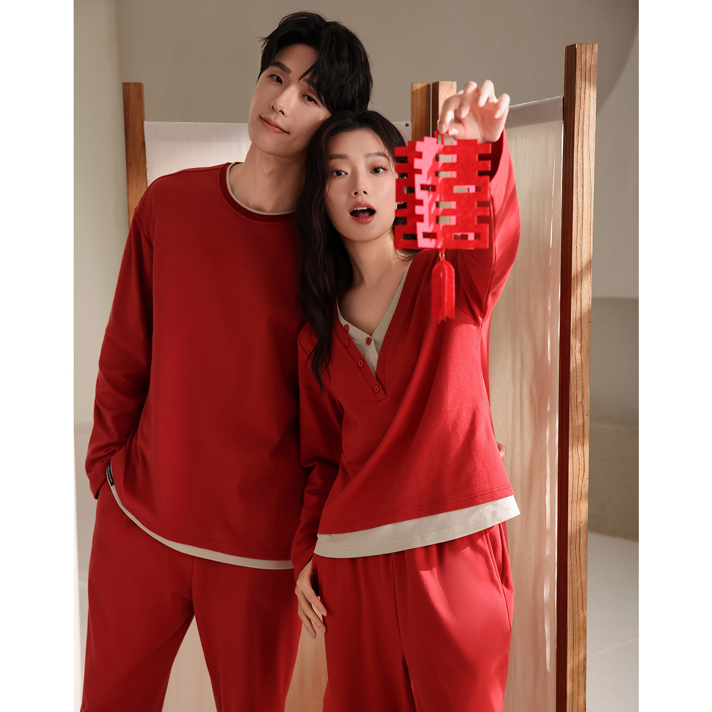 春秋季红色睡衣结婚新婚情侣套装带胸垫女纯棉长袖高级感家居服男,淘宝优惠券,粉丝福利购,淘宝优惠卷