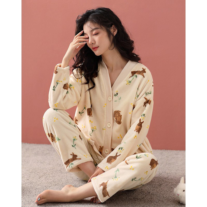 睡衣女珊瑚绒冬季加厚毛绒可爱卡通开衫家居服秋冬法兰绒保暖套装,淘宝优惠券,粉丝福利购,淘宝优惠卷