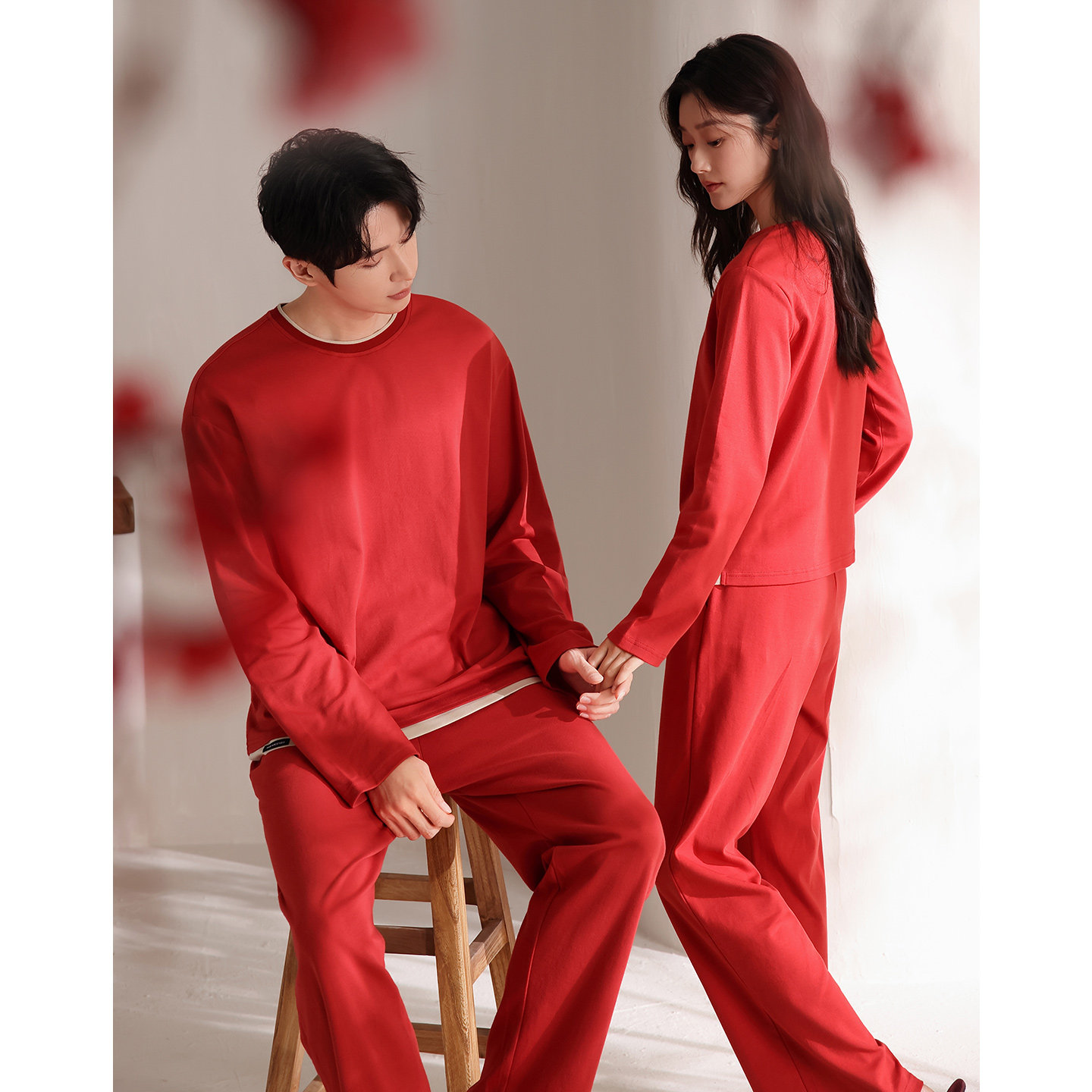 春秋季红色睡衣结婚新婚情侣套装带胸垫女纯棉长袖高级感家居服男,淘宝优惠券,粉丝福利购,淘宝优惠卷