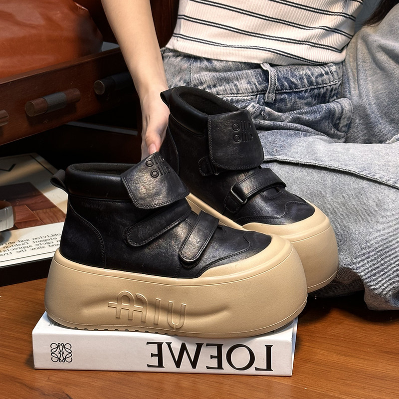 欧货真皮做旧大头面包鞋女松糕厚底高帮鞋百搭小个子增高休闲板鞋,淘宝优惠券,粉丝福利购,淘宝优惠卷