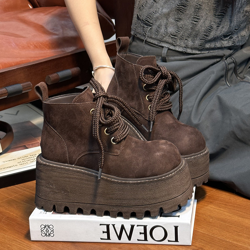 磨砂真皮复古大头系带松糕厚底马丁靴女2025新款小个子增高短靴子,淘宝优惠券,粉丝福利购,淘宝优惠卷