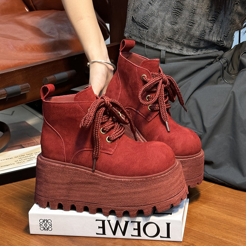 磨砂真皮复古大头系带松糕厚底马丁靴女2025新款小个子增高短靴子,淘宝优惠券,粉丝福利购,淘宝优惠卷
