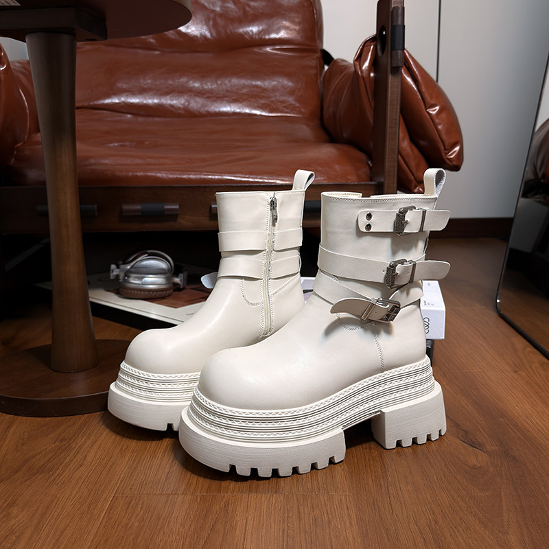 欧货真皮大头加绒松糕厚底马丁靴女英伦小个子增高机车中筒骑士靴,淘宝优惠券,粉丝福利购,淘宝优惠卷