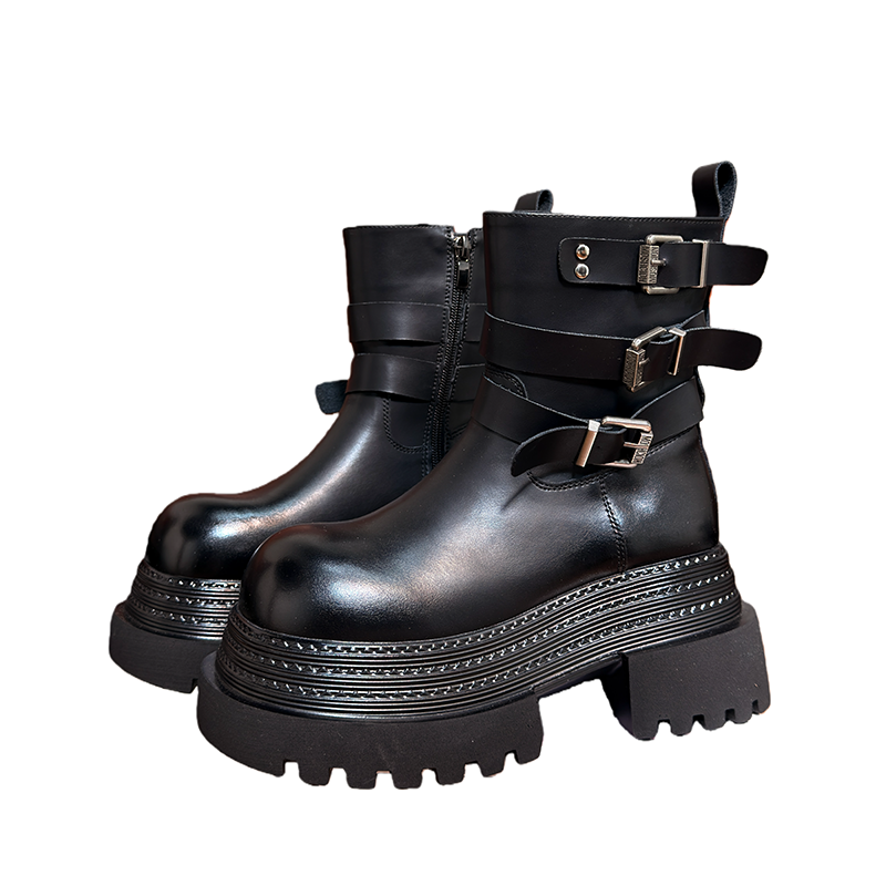 欧货真皮大头加绒松糕厚底马丁靴女英伦小个子增高机车中筒骑士靴,淘宝优惠券,粉丝福利购,淘宝优惠卷