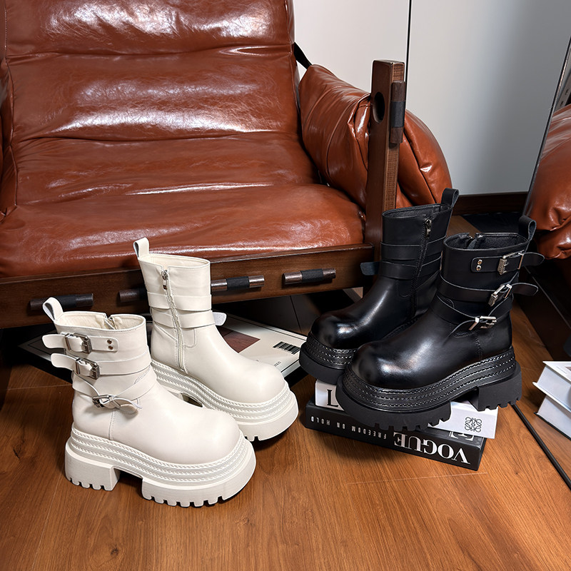 欧货真皮大头加绒松糕厚底马丁靴女英伦小个子增高机车中筒骑士靴,淘宝优惠券,粉丝福利购,淘宝优惠卷