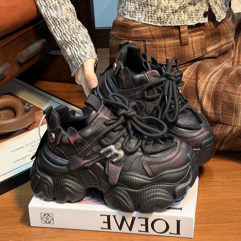 欧货真皮系带松糕厚底老爹鞋女2025新款百搭小个子增高休闲运动鞋 - 图0