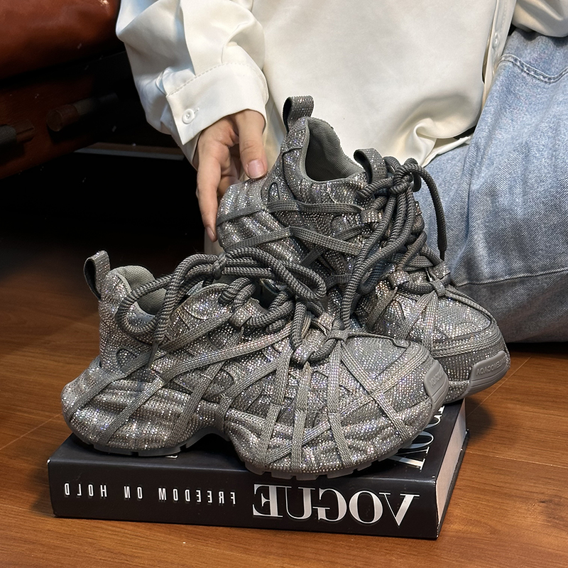 欧货水钻满钻绑带厚底老爹鞋女2025新款时尚小个子增高休闲运动鞋 - 图1