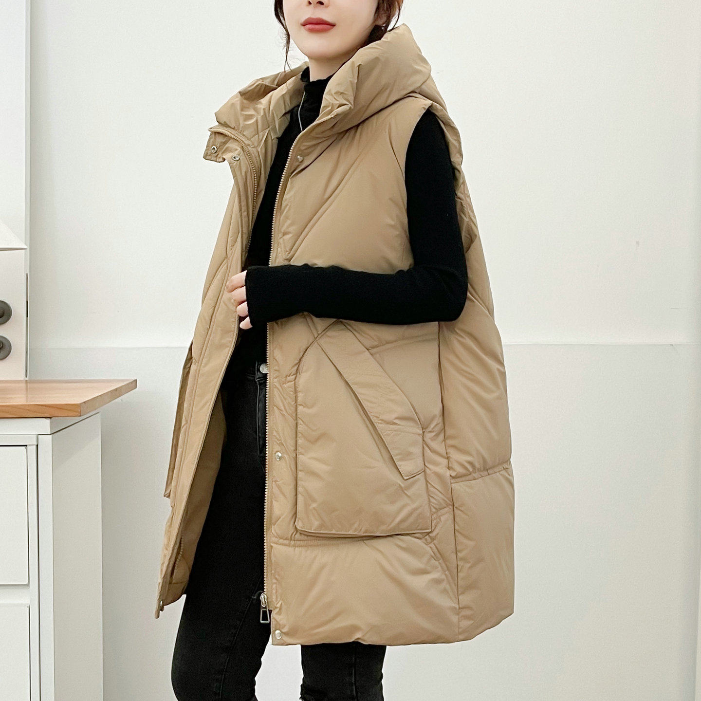 欧版大码中长款连帽羽绒棉马甲女2025秋冬新宽松休闲马夹外套背心,淘宝优惠券,粉丝福利购,淘宝优惠卷