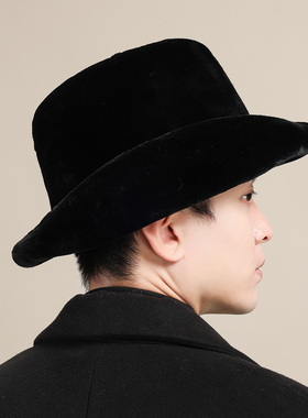 仿貂毛羊剪绒帽子复古高顶上海滩英伦风卷边绅士爵士帽大帽檐礼帽
