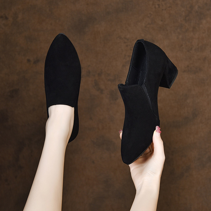 2025新款女士绒面尖头粗跟深口单鞋高跟鞋秋冬加绒女鞋中跟真皮鞋,淘宝优惠券,粉丝福利购,淘宝优惠卷