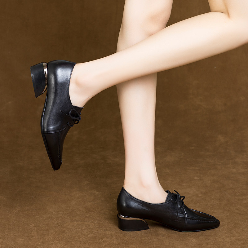 2023新款春秋季尖头系带女鞋粗跟深口单鞋中跟英伦风小皮鞋真皮软,淘宝优惠券,粉丝福利购,淘宝优惠卷