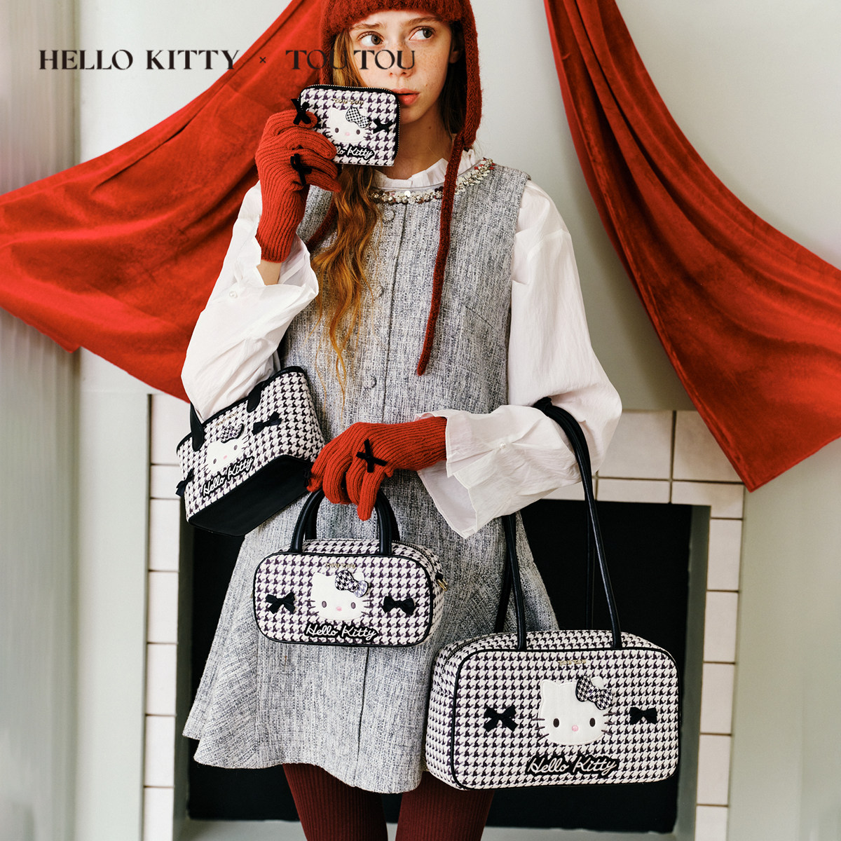 Hellokitty千金系列TOUTOU凯蒂猫哈喽kt千鸟格腋下保龄球波士顿包,淘宝优惠券,粉丝福利购,淘宝优惠卷