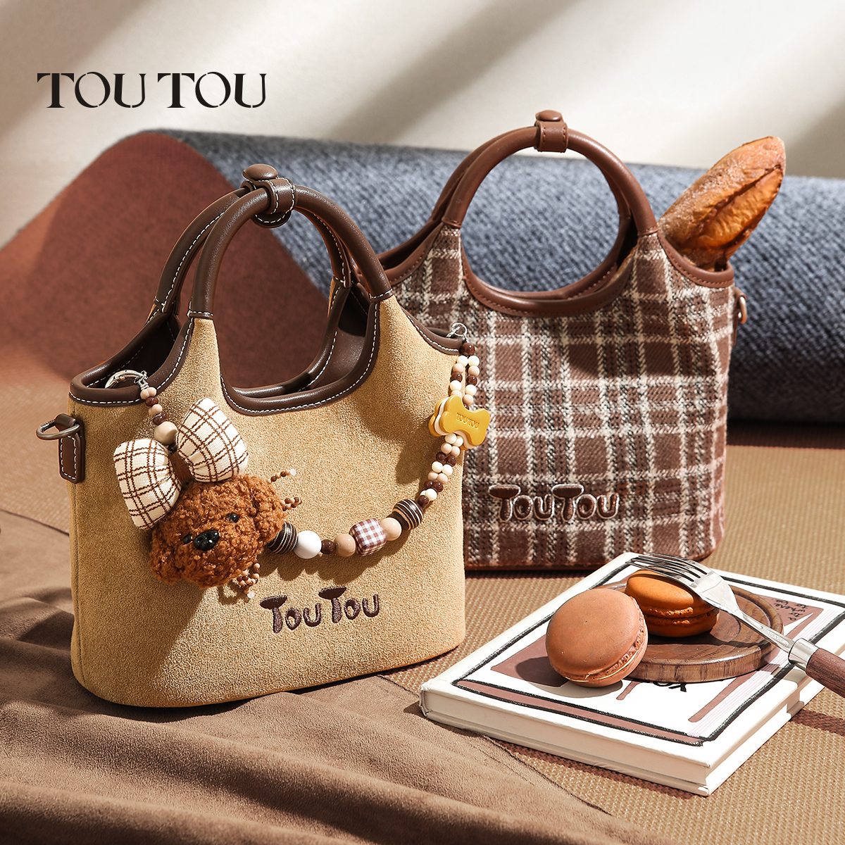 圣诞礼物TOUTOU小狗串珠麂皮菜篮子包大容量托特包通勤手提斜挎包 - 图2