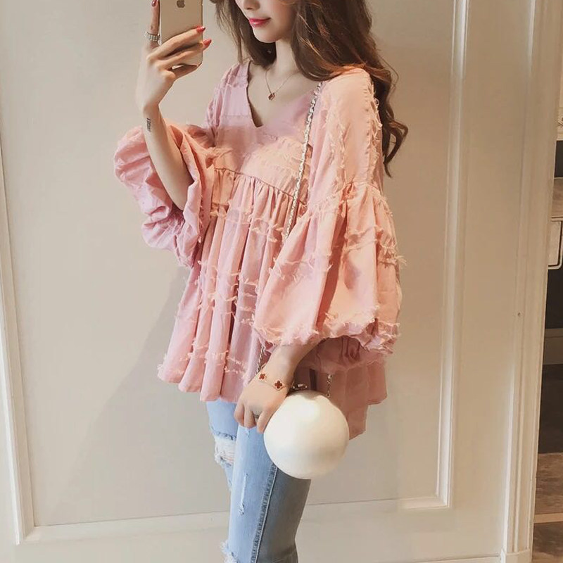 2020新款夏季中长款蓬蓬半袖风上衣 繁星蕾丝衫/雪纺衫