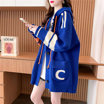 Lazy Wind Even Cap Sweater Cardigan woman medium long version Korean version 2022 new spring loose design Feel Knit Jacket