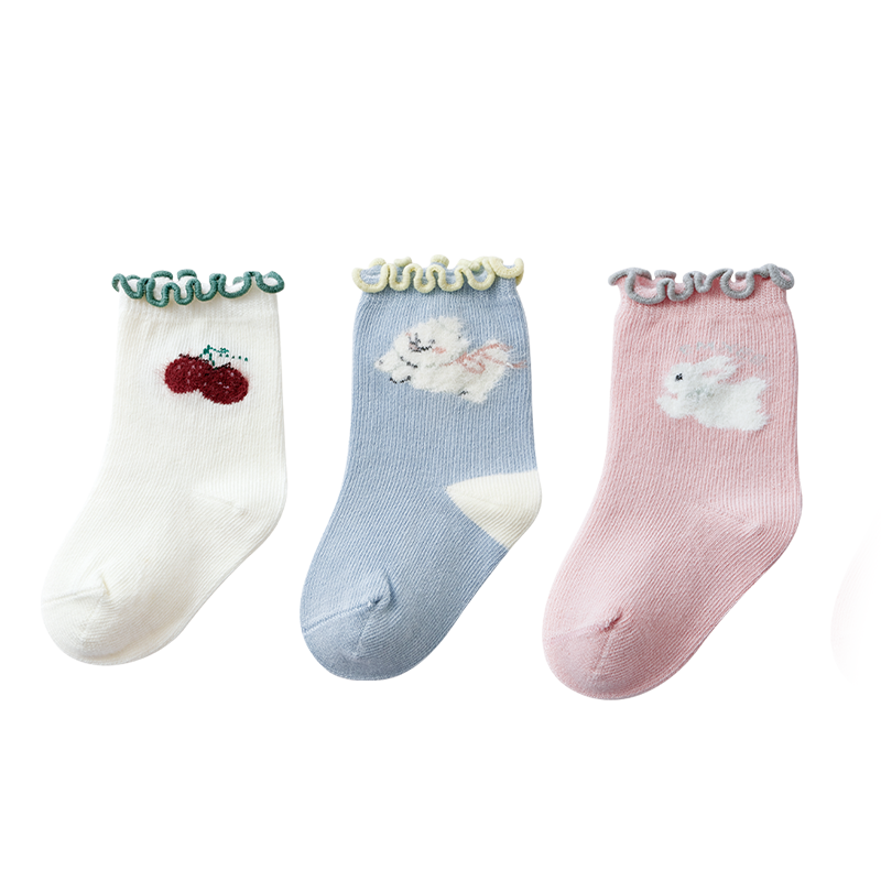 【新品】嫚熙婴儿袜子秋冬新生儿花边女男童宝宝小月龄无骨中筒袜