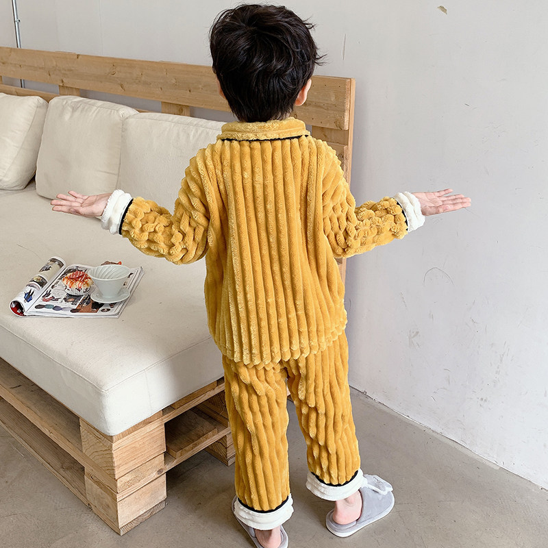 秋冬季珊瑚绒大童小男孩加绒睡衣 棉蜜儿家居服套装