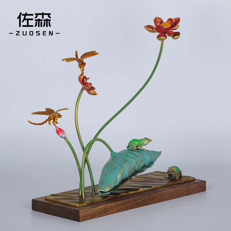 佐森 碧叶悠悠 黄铜荷叶摆件 蜻蜓桌面艺术品创意礼品书房装饰品 - 图3