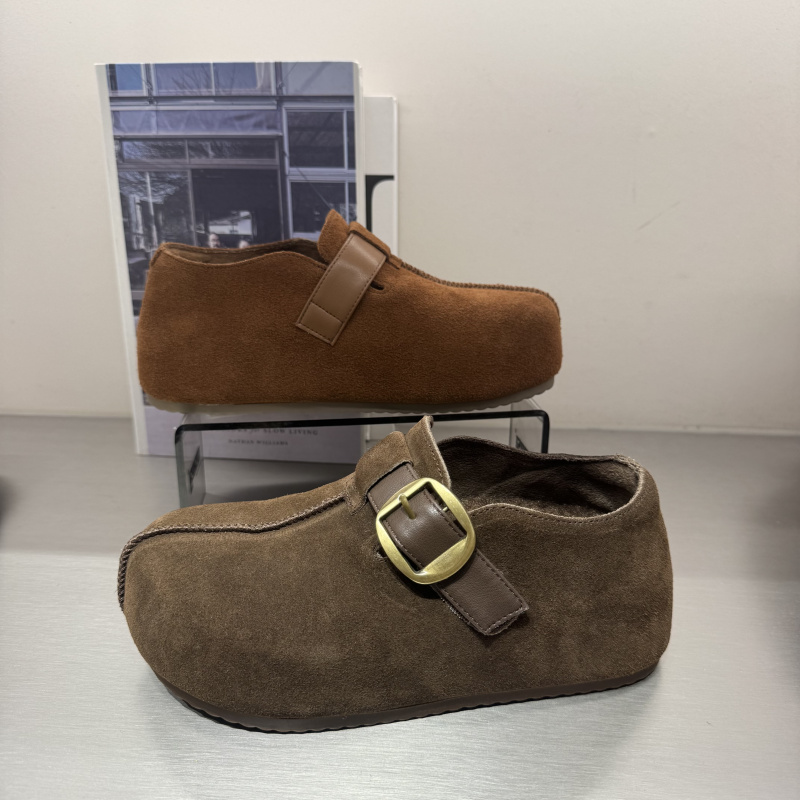 真皮搭扣复古磨砂牛皮全包勃肯鞋女厚底套脚大头鞋舒适休闲鞋 - 图1