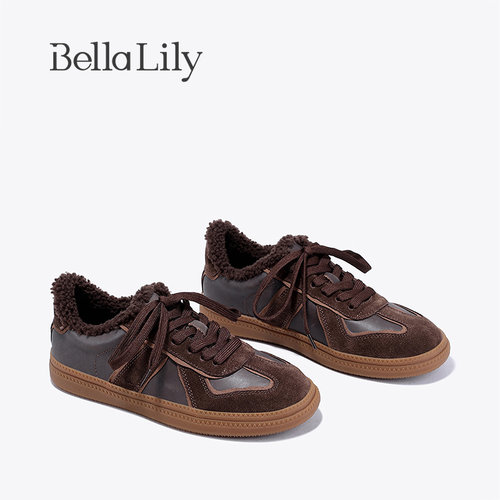 BellaLily新款羊毛保暖加棉女鞋舒适轻便板鞋复古德训鞋 - 图2