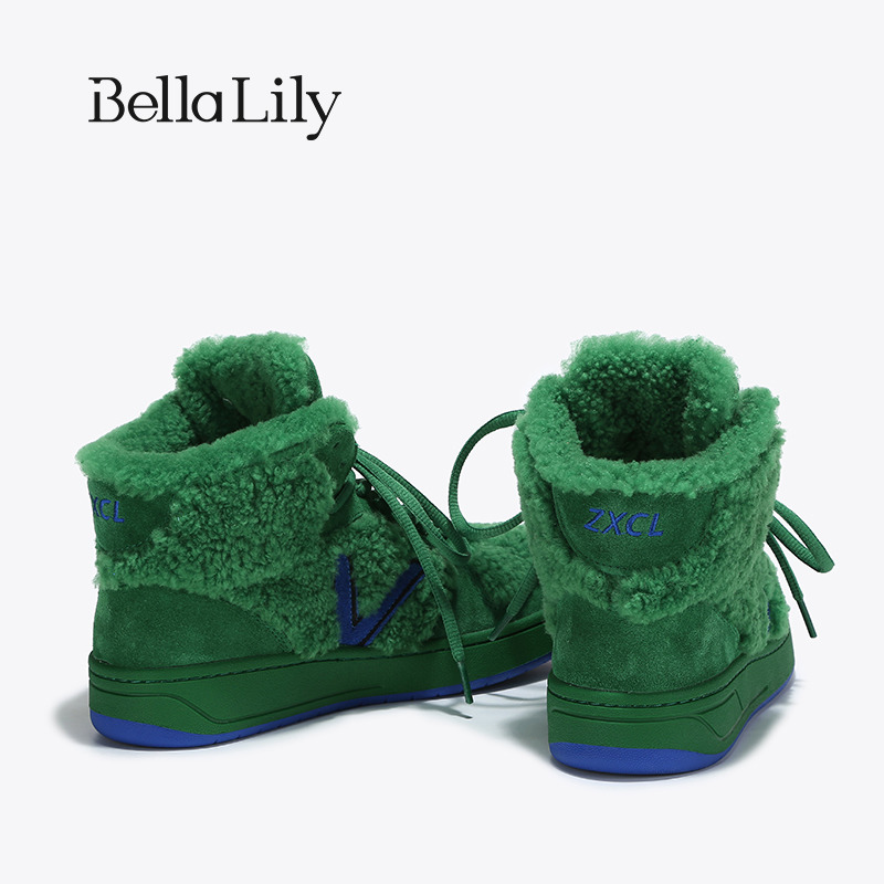 BellaLily春新款羊毛高帮板鞋女加绒休闲鞋保暖毛毛鞋春外穿