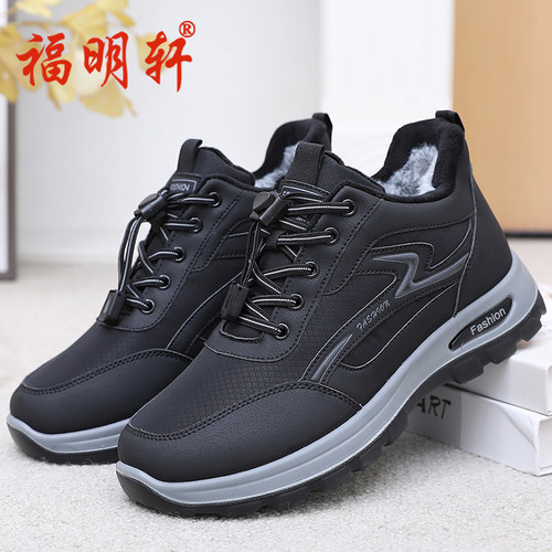 老北京布鞋棉鞋男冬加绒加厚防滑软底中老年爸爸鞋防水情侣健步鞋 - 图0