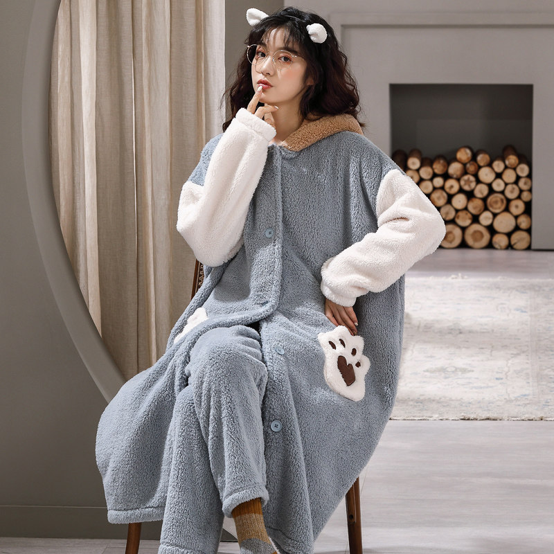 秋冬季珊瑚绒加绒浴袍可爱长款睡袍 美依婖内衣睡袍/浴袍