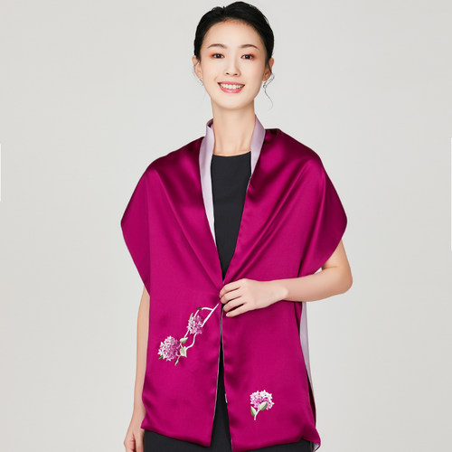真丝披肩围巾女春秋婚礼婚宴喜妈妈喜婆礼服旗袍外搭红色苏绣丝巾 - 图1