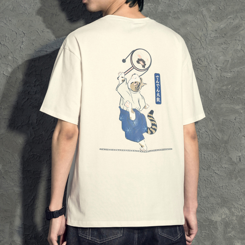 chic日系男士短袖T恤潮牌宽松弹性落肩衣服白色嘻哈猫咪潮流夏衣