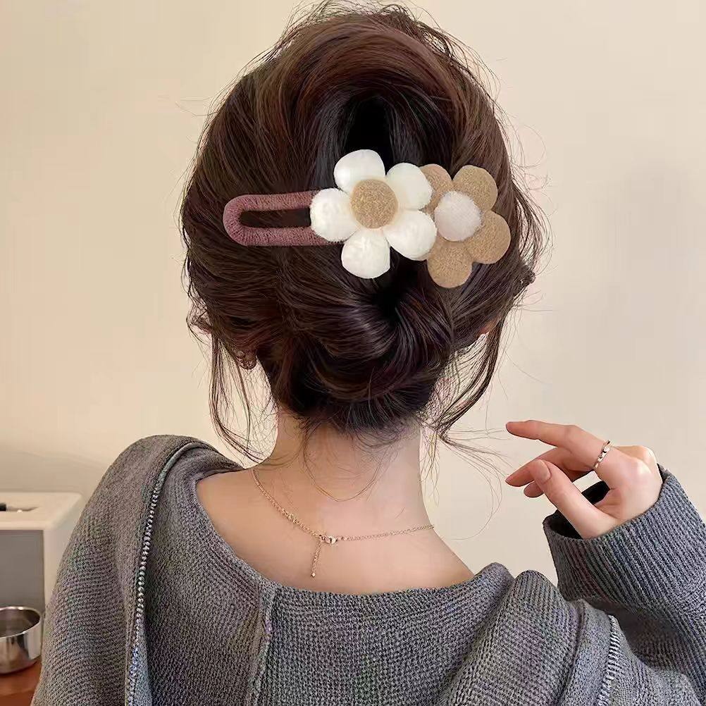 高级法式毛绒花朵大号鸭嘴夹后脑勺盘发抓夹感一字头发夹子头饰女,淘宝优惠券,粉丝福利购,淘宝优惠卷
