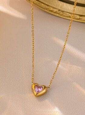 欧美跨境不锈钢简约粉色爱心桃心项链锁骨链 钛钢镀18K金饰品
