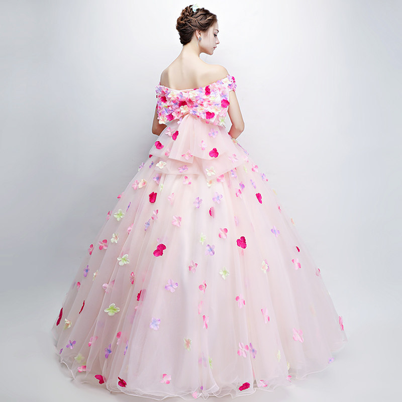 彩色一字肩婚纱2020新款新娘演出服 友点衣丝礼服/晚装