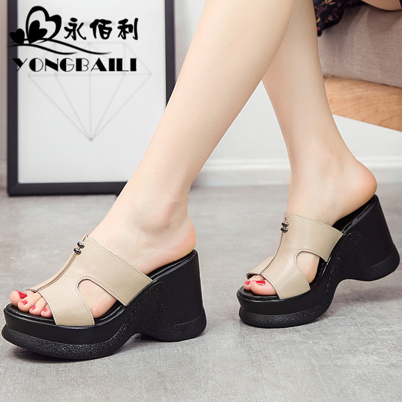 2025夏新款高跟牛皮拖鞋女松糕鞋厚底坡跟一字拖鱼嘴凉拖女鞋皮鞋,淘宝优惠券,粉丝福利购,淘宝优惠卷