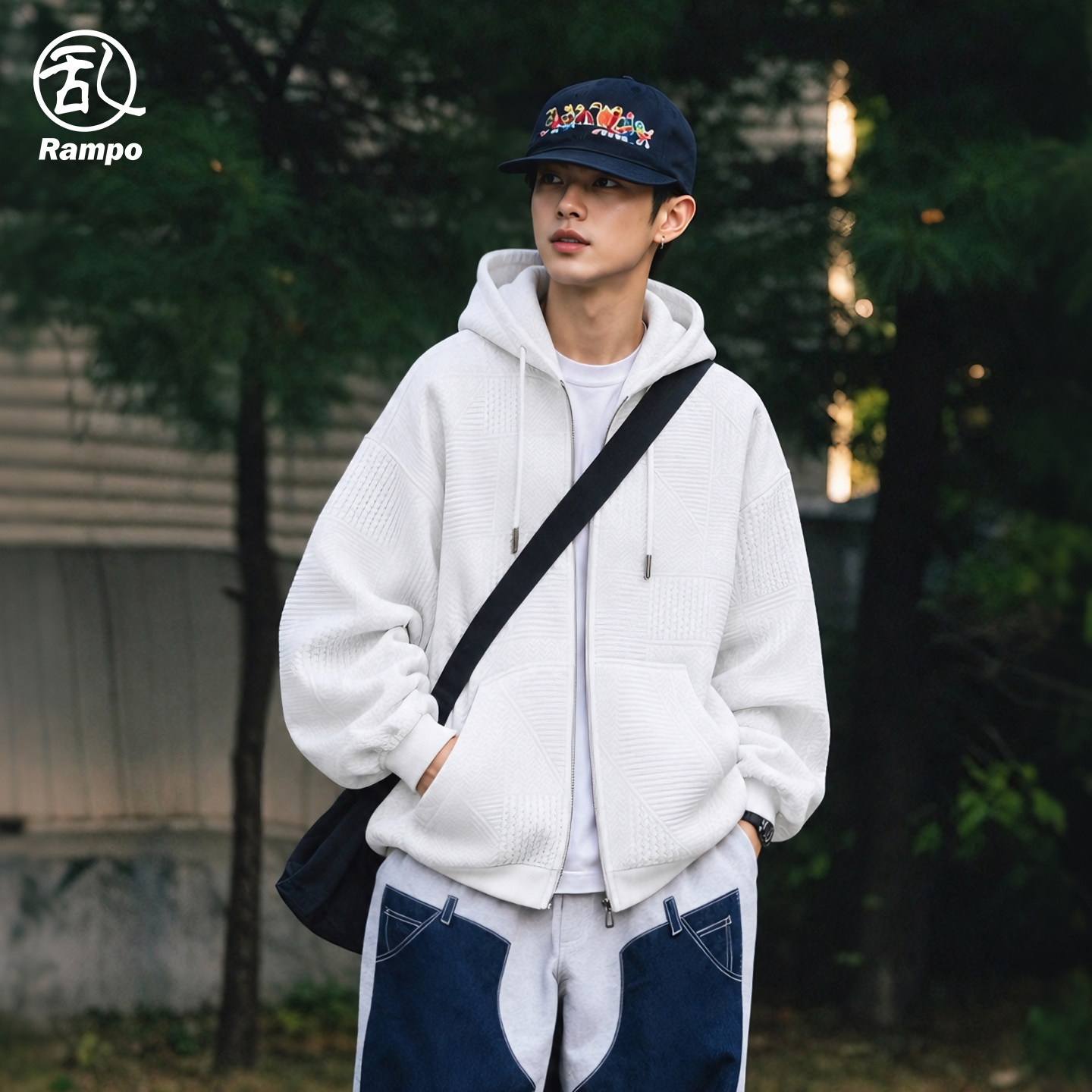 华夫格提花连帽开衫卫衣男