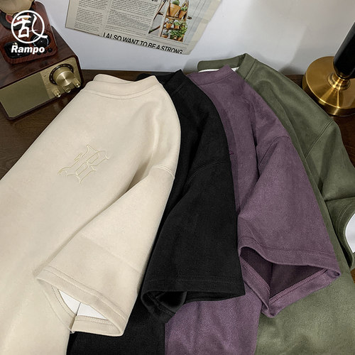 重磅麂皮绒短袖t恤男夏季美式复古潮牌半袖宽松休闲百搭刺绣上衣 - 图1