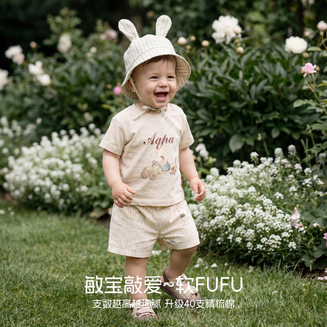 Aqpa Aipa baby split set ຜ້າຝ້າຍ summer ເດັກນ້ອຍສັ້ນເສອແຂນສັ້ນ pajamas ຊຸດ underwear ໄປອອກຫນ້າຮັກ