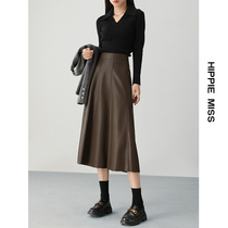 Hippie teenage girl leather skirt half-body dress 2023 new autumn and winter mid-umbrella skirt Millard wearing a hitch brown a word dress