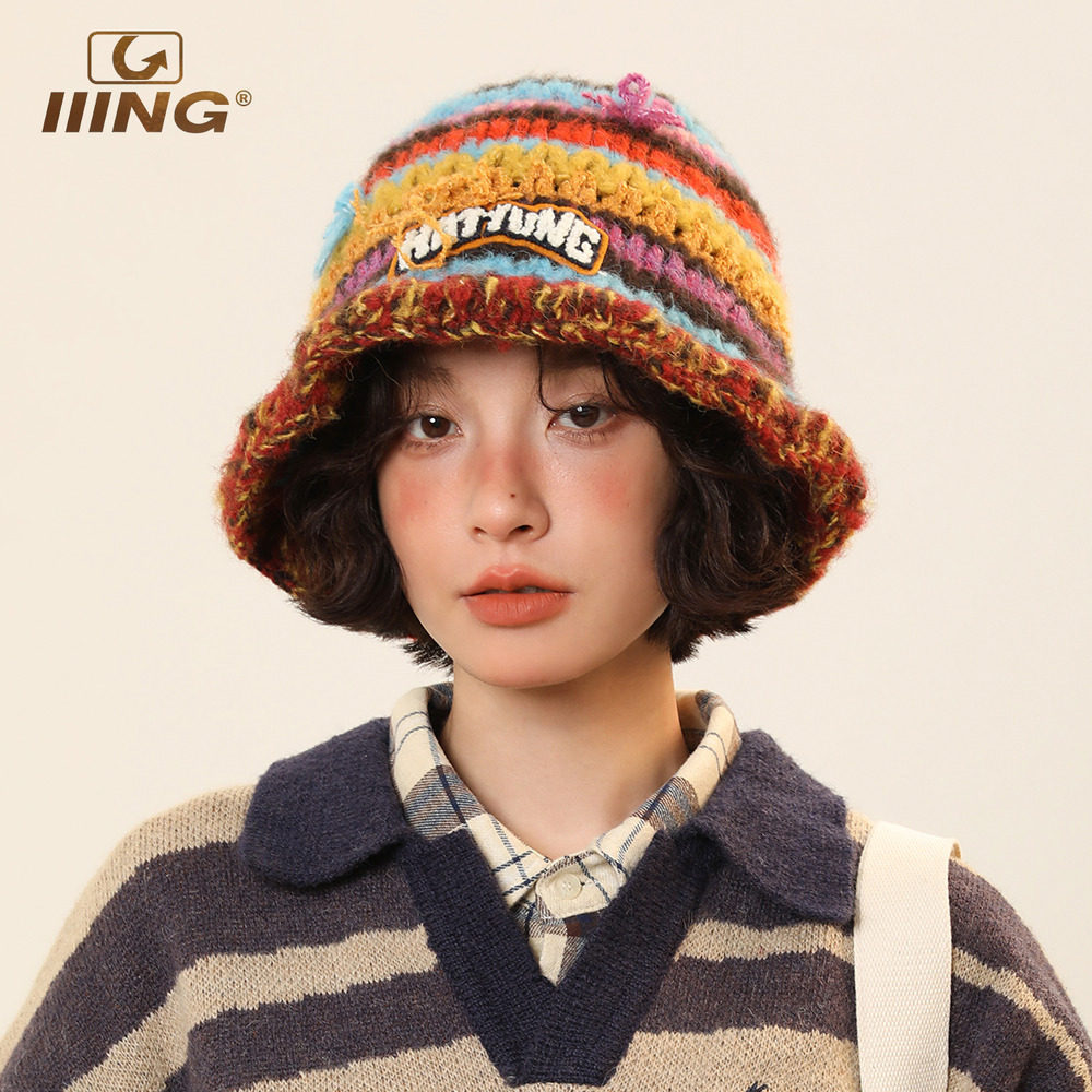 IIING帽控 彩虹条纹针织渔夫帽女秋冬保暖显脸小帽子大头围毛线帽,淘宝优惠券,粉丝福利购,淘宝优惠卷