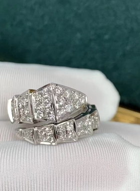 高版本莫桑钻蛇形戒指宽版女925银镀18K白金蛇骨戒指轻奢高级感