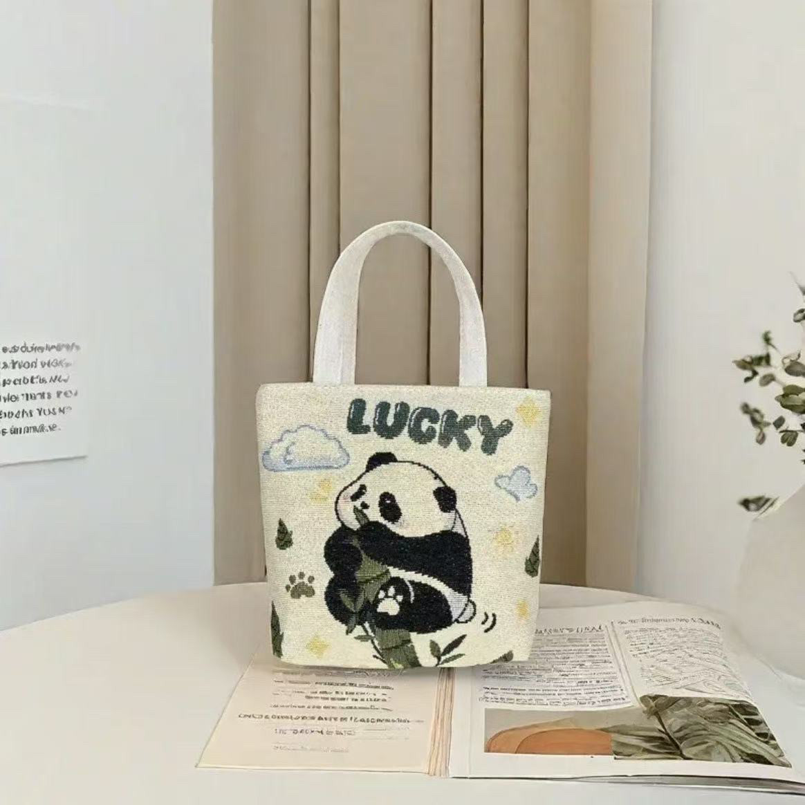 新款升级竹节小熊猫双面针织刺绣休闲百搭帆布手提单肩包卡通清新,淘宝优惠券,粉丝福利购,淘宝优惠卷