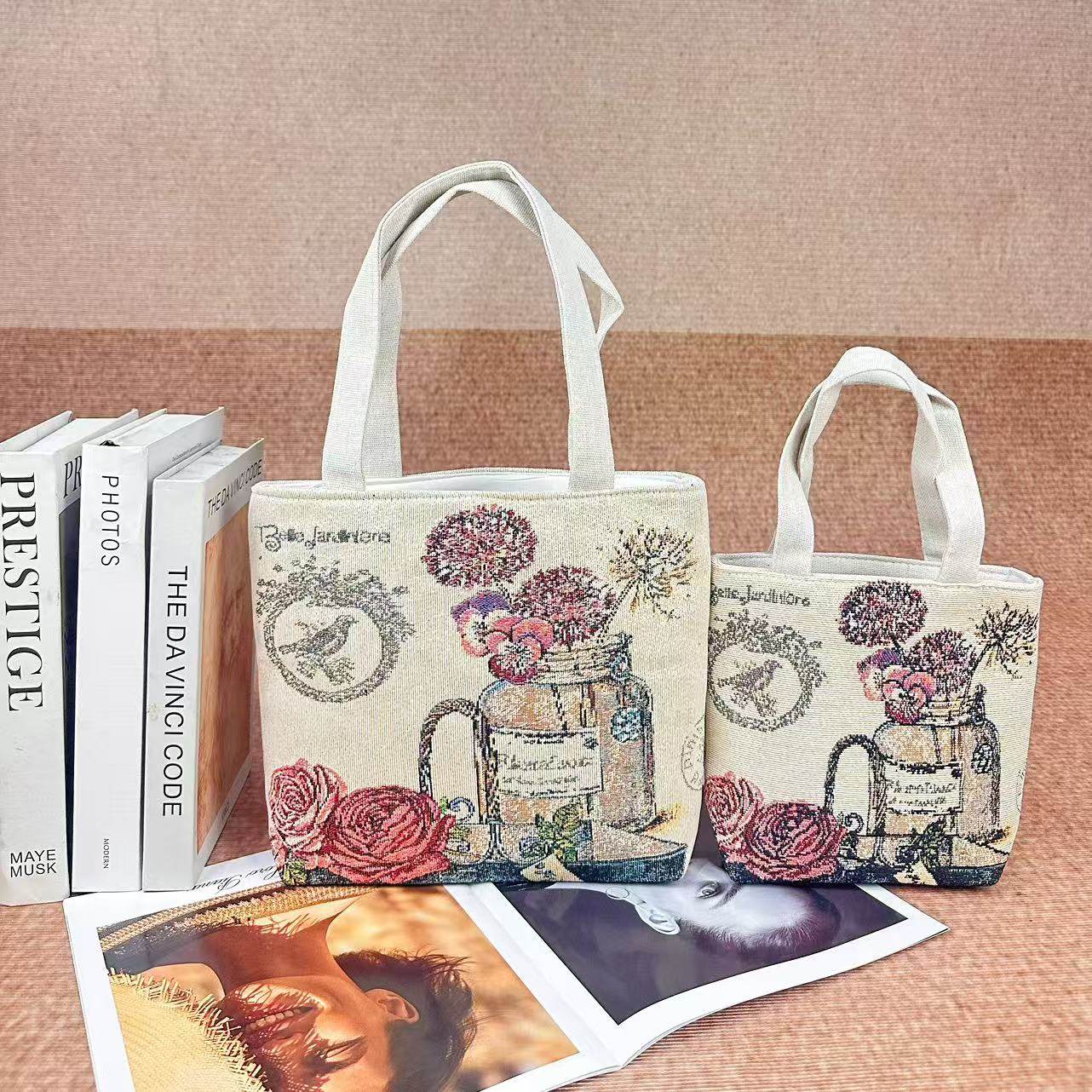 新款双面提花刺绣帆布包手提包休闲文艺瓶中花单肩包购物包妈咪包,淘宝优惠券,粉丝福利购,淘宝优惠卷