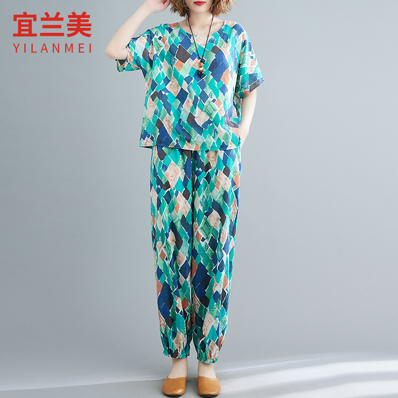 纯亚麻苎麻时尚休闲棉麻套装高端中年妈妈上衣裤子两件套夏季女装