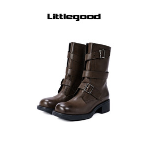 【新品】littlegood复古中筒马丁靴女2023新款擦色中跟百搭机车靴