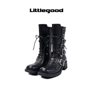 【新品】littlegood复古中筒骑士靴女2023新款擦色百搭马丁靴