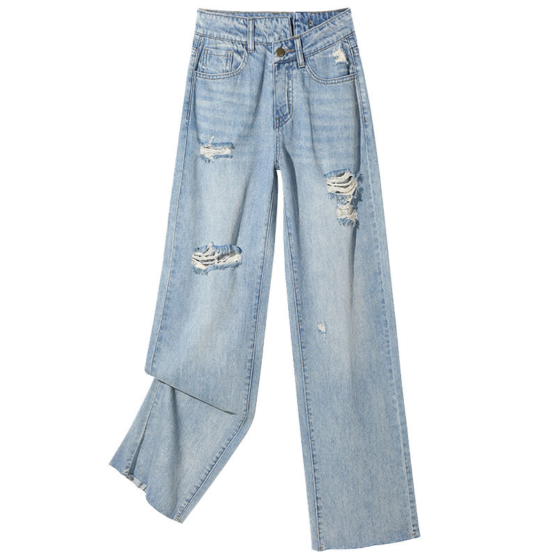 不规则破洞高腰2022年春秋季牛仔裤 粤潮牛仔裤