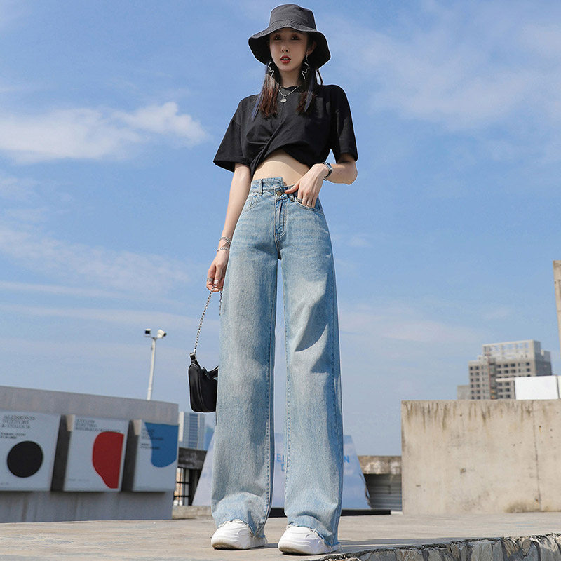 不规则破洞高腰2022年春秋季牛仔裤 粤潮牛仔裤